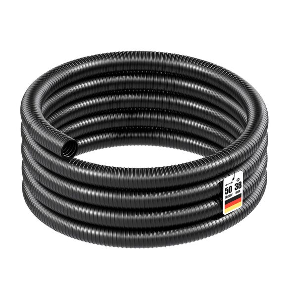 Wiltec Flexibler Förderschlauch 50m Spiralschlauch 38mm (1 1/2") schwarz mit Verstärkungsspirale Bewässerung Wasser Teich
