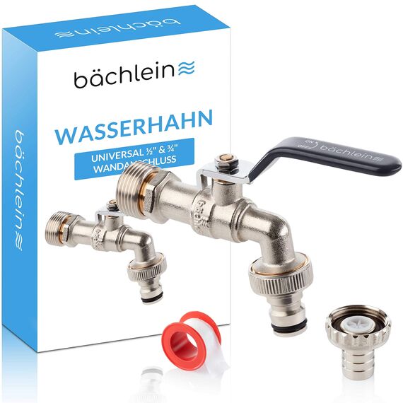 Bächlein Universal Wasserhahn für den Garten [anthrazit] inkl. 2 Schlauchanschlüssen - edler Kugelhahn mit 1/2 Zoll Anschluss und 3/4 Zoll Adapter, Auslaufhahn aussen
