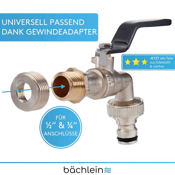 Bächlein Universal Wasserhahn für den Garten [anthrazit] inkl. 2 Schlauchanschlüssen - edler Kugelhahn mit 1/2 Zoll Anschluss und 3/4 Zoll Adapter, Auslaufhahn aussen