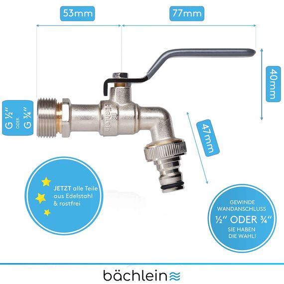 Bächlein Universal Wasserhahn für den Garten [anthrazit] inkl. 2 Schlauchanschlüssen - edler Kugelhahn mit 1/2 Zoll Anschluss und 3/4 Zoll Adapter, Auslaufhahn aussen
