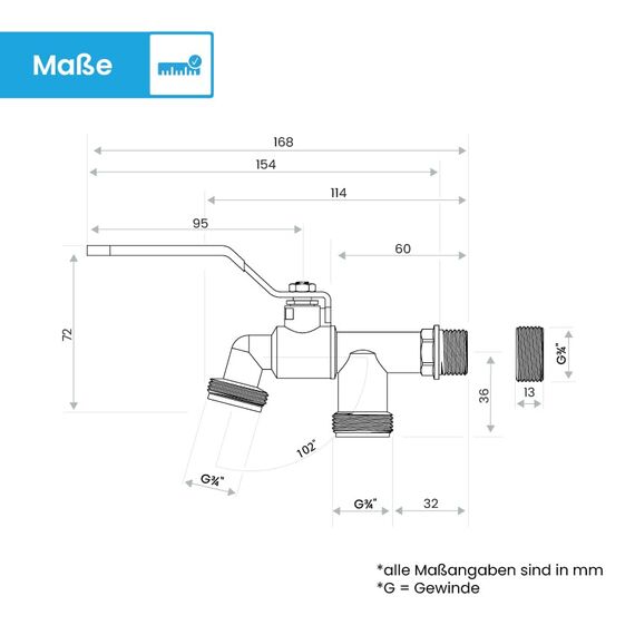 Bächlein Universal Doppel Auslaufhahn für den Garten [grün] inkl. 2 Schlauchanschlüssen - edler Doppelwasserhahn mit 1/2 Zoll Anschluss und 3/4 Zoll Adapter, Doppel Kugel-Auslaufventil