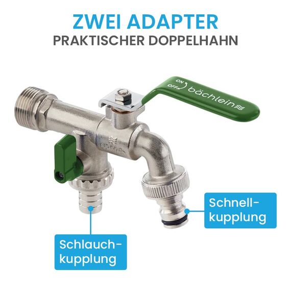Bächlein Universal Doppel Auslaufhahn mit Reduzierungs-adapter für 1" Wandanschluss - Auslaufhahn mit 1/2 Zoll Anschluss und 1 Zoll Adapter