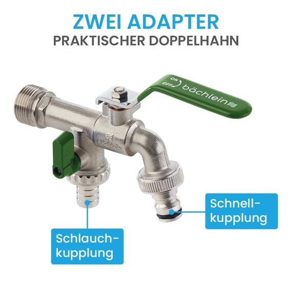 Bächlein Universal Doppel Auslaufhahn für den Garten [grün] inkl. 2 Schlauchanschlüssen - edler Doppelwasserhahn mit 1/2 Zoll Anschluss und 3/4 Zoll Adapter, Doppel Kugel-Auslaufventil