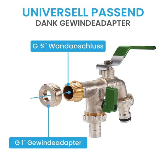 Bächlein Universal Doppel Auslaufhahn für den Garten [grün] inkl. 2 Schlauchanschlüssen - edler Doppelwasserhahn mit 1/2 Zoll Anschluss und 3/4 Zoll Adapter, Doppel Kugel-Auslaufventil