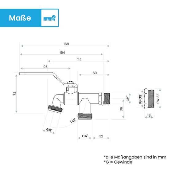 Bächlein Universal Doppel Auslaufhahn mit Reduzierungs-adapter für 1" Wandanschluss - Auslaufhahn mit 1/2 Zoll Anschluss und 1 Zoll Adapter