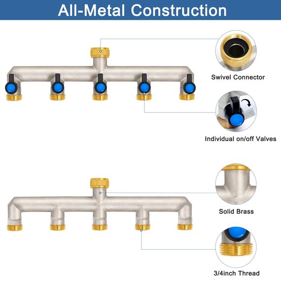 5-Wege Wasserhahn Wasserverteiler aus Messing für 5 Geräte/Gartenschläuche, 5er Verteiler 3/4" Adapter 1/2" mit Kugelhahn zum Einstellen und Absperren des Wasserflusses