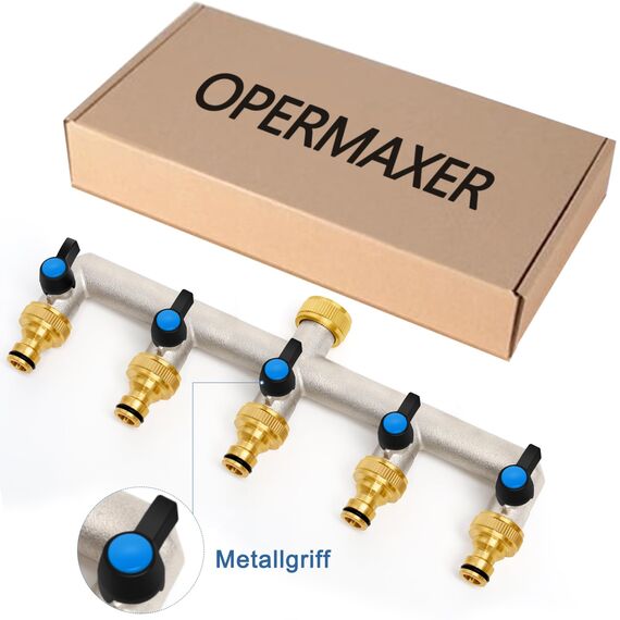 5-Wege Wasserhahn Wasserverteiler aus Messing für 5 Geräte/Gartenschläuche, 5er Verteiler 3/4" Adapter 1/2" mit Kugelhahn zum Einstellen und Absperren des Wasserflusses