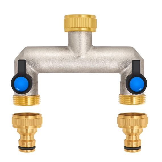 2-Wege Wasserhahn Wasserverteiler aus Messing für 2 Geräte/Gartenschläuche, 2er Verteiler 3/4" Adapter 1/2" mit Kugelhahn zum Einstellen und Absperren des Wasserflusses
