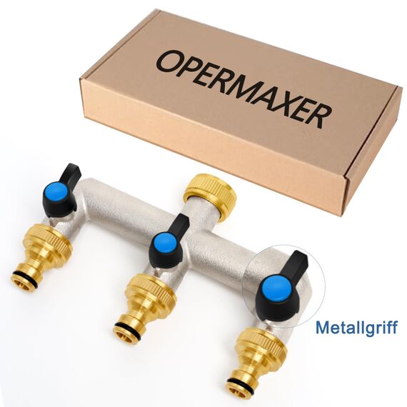 3-Wege Wasserhahn Wasserverteiler aus Messing für 3 Geräte/Gartenschläuche, 3er Verteiler 3/4" Adapter 1/2" mit Kugelhahn zum Einstellen und Absperren des Wasserflusses