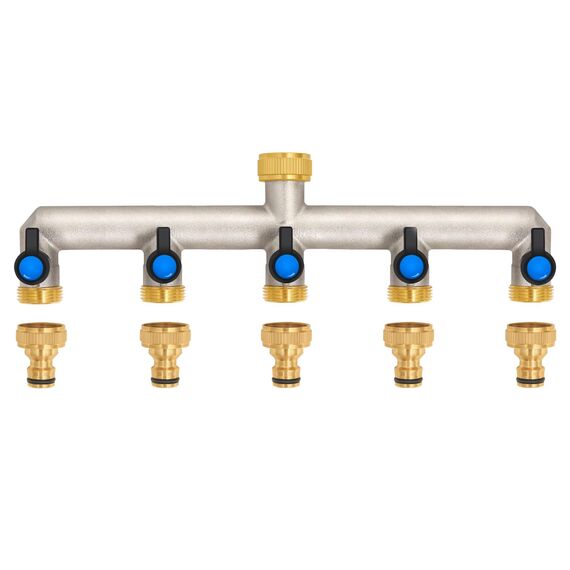 5-Wege Wasserhahn Wasserverteiler aus Messing für 5 Geräte/Gartenschläuche, 5er Verteiler 3/4" Adapter 1/2" mit Kugelhahn zum Einstellen und Absperren des Wasserflusses