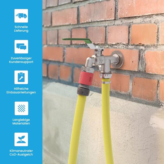 Bächlein Universal Doppel Auslaufhahn mit Reduzierungs-adapter für 1" Wandanschluss - Auslaufhahn mit 1/2 Zoll Anschluss und 1 Zoll Adapter