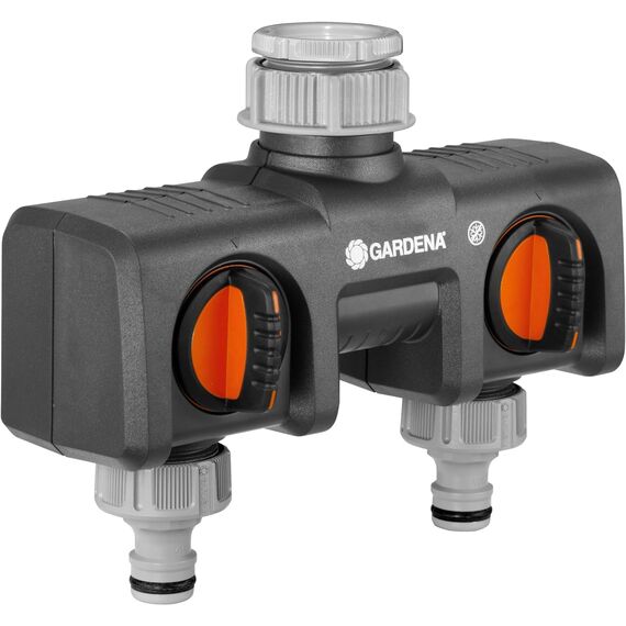 Gardena 2-Wege-Verteiler: Anschlussmöglichkeit für 2 Geräte an den Wasserhahn, passend zu Gardena Bewässerungscomputern & -uhren, Wasserdurchfluss regulier- und absperrbar (8193-20)