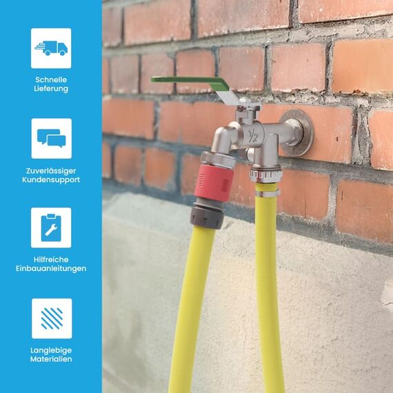 Bächlein Universal Doppel Auslaufhahn für den Garten [grün] inkl. 2 Schlauchanschlüssen - edler Doppelwasserhahn mit 1/2 Zoll Anschluss und 3/4 Zoll Adapter, Doppel Kugel-Auslaufventil
