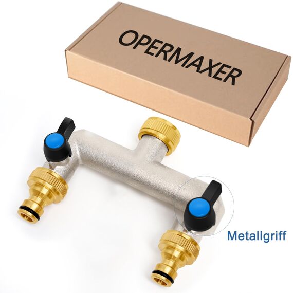 2-Wege Wasserhahn Wasserverteiler aus Messing für 2 Geräte/Gartenschläuche, 2er Verteiler 3/4" Adapter 1/2" mit Kugelhahn zum Einstellen und Absperren des Wasserflusses