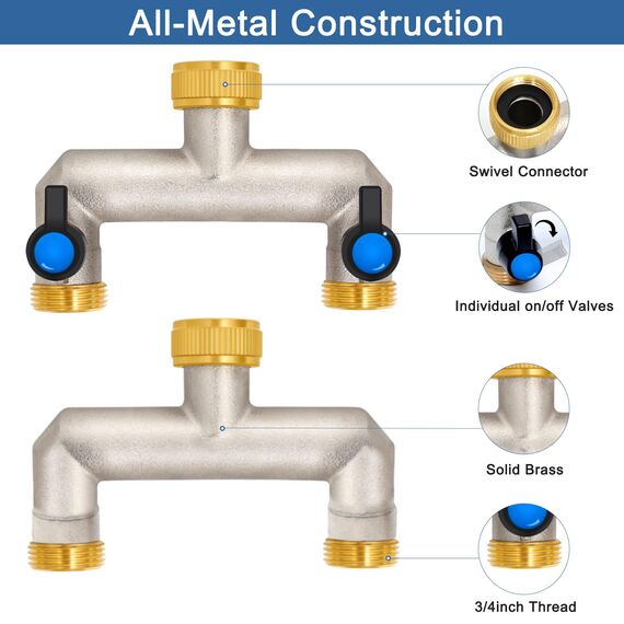 2-Wege Wasserhahn Wasserverteiler aus Messing für 2 Geräte/Gartenschläuche, 2er Verteiler 3/4" Adapter 1/2" mit Kugelhahn zum Einstellen und Absperren des Wasserflusses