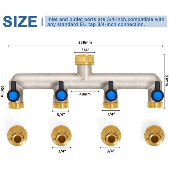 4-Wege Wasserhahn Wasserverteiler aus Messing für 4 Geräte/Gartenschläuche, 4er Verteiler 3/4" Adapter 1/2" mit Kugelhahn zum Einstellen und Absperren des Wasserflusses