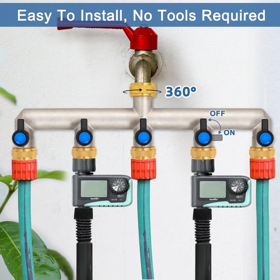 5-Wege Wasserhahn Wasserverteiler aus Messing für 5 Geräte/Gartenschläuche, 5er Verteiler 3/4" Adapter 1/2" mit Kugelhahn zum Einstellen und Absperren des Wasserflusses