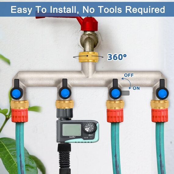 4-Wege Wasserhahn Wasserverteiler aus Messing für 4 Geräte/Gartenschläuche, 4er Verteiler 3/4" Adapter 1/2" mit Kugelhahn zum Einstellen und Absperren des Wasserflusses