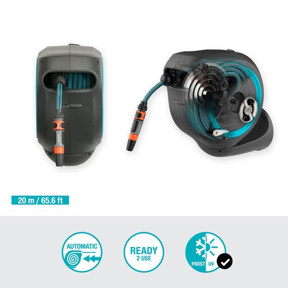 Gardena Wand-Schlauchbox RollUp M (türkis) 20m: Flexible Bewässerung für mittelgroße Gärten, schwenkbare Schlauchtrommel, mit Wandhalterung, Systemteilen und Spritze inkl. 20m Schlauch (18610-20)