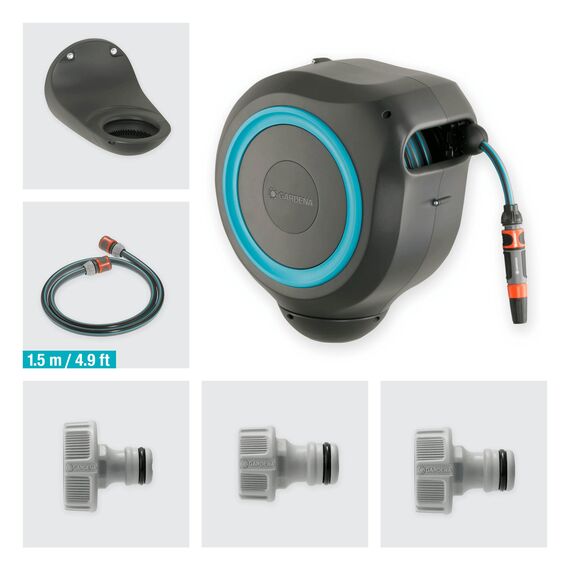 Gardena Wand-Schlauchbox RollUp M (türkis) 20m: Flexible Bewässerung für mittelgroße Gärten, schwenkbare Schlauchtrommel, mit Wandhalterung, Systemteilen und Spritze inkl. 20m Schlauch (18610-20)