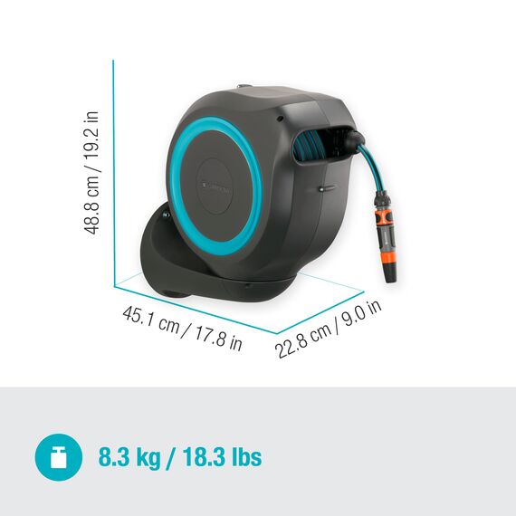 Gardena Wand-Schlauchbox RollUp M (türkis) 20m: Flexible Bewässerung für mittelgroße Gärten, schwenkbare Schlauchtrommel, mit Wandhalterung, Systemteilen und Spritze inkl. 20m Schlauch (18610-20)
