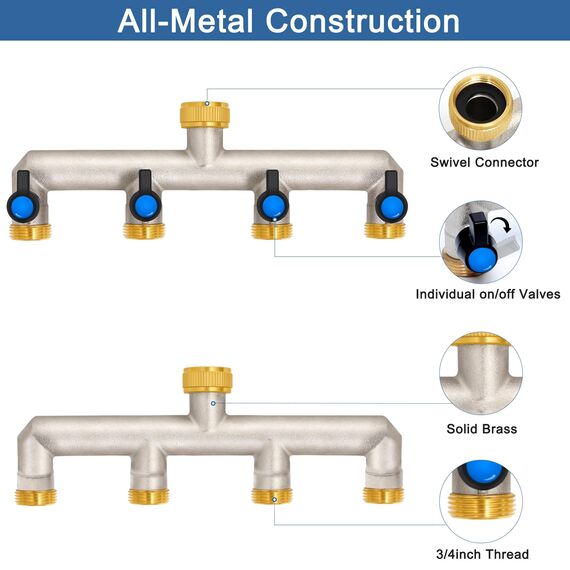 4-Wege Wasserhahn Wasserverteiler aus Messing für 4 Geräte/Gartenschläuche, 4er Verteiler 3/4" Adapter 1/2" mit Kugelhahn zum Einstellen und Absperren des Wasserflusses