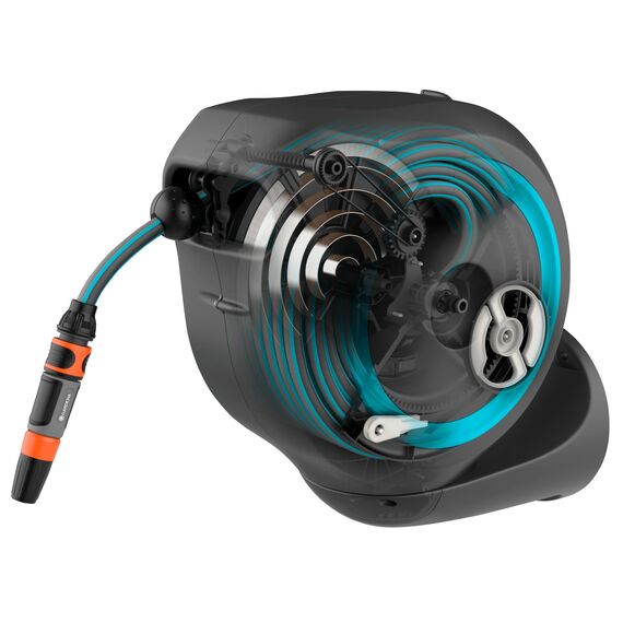 Gardena Wand-Schlauchbox RollUp M (türkis) 20m: Flexible Bewässerung für mittelgroße Gärten, schwenkbare Schlauchtrommel, mit Wandhalterung, Systemteilen und Spritze inkl. 20m Schlauch (18610-20)