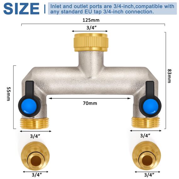 2-Wege Wasserhahn Wasserverteiler aus Messing für 2 Geräte/Gartenschläuche, 2er Verteiler 3/4" Adapter 1/2" mit Kugelhahn zum Einstellen und Absperren des Wasserflusses