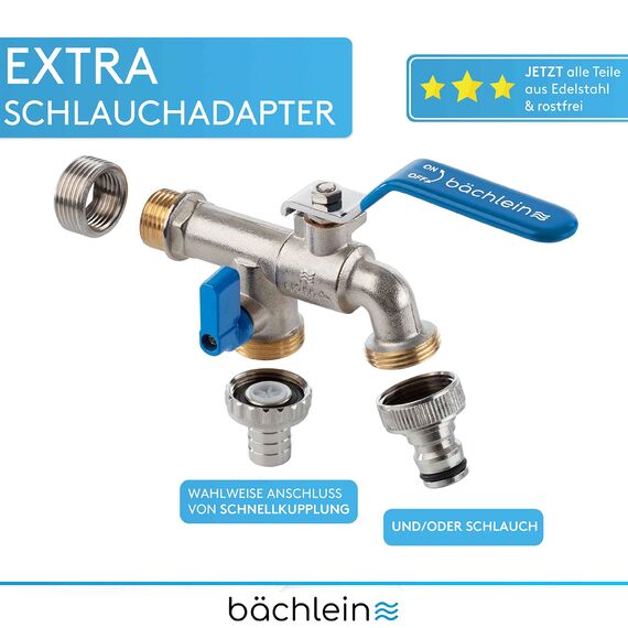 Bächlein Universal Doppel Auslaufhahn für den Garten [blau] inkl. 2 Schlauchanschlüssen - edler Doppelwasserhahn mit 1/2 Zoll Anschluss und 3/4 Zoll Adapter, Doppel Kugel-Auslaufventil