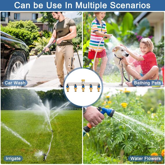 5-Wege Wasserhahn Wasserverteiler aus Messing für 5 Geräte/Gartenschläuche, 5er Verteiler 3/4" Adapter 1/2" mit Kugelhahn zum Einstellen und Absperren des Wasserflusses