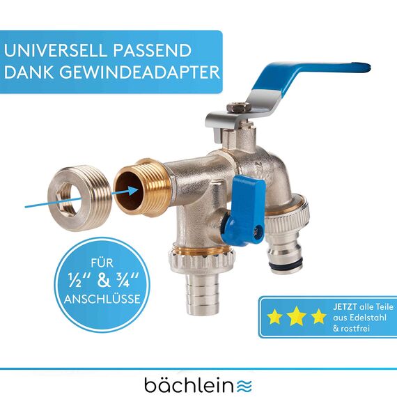 Bächlein Universal Doppel Auslaufhahn für den Garten [blau] inkl. 2 Schlauchanschlüssen - edler Doppelwasserhahn mit 1/2 Zoll Anschluss und 3/4 Zoll Adapter, Doppel Kugel-Auslaufventil