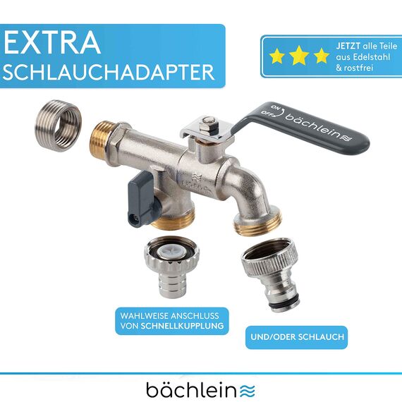 Bächlein Universal Doppel Auslaufhahn für den Garten [anthrazit] inkl. 2 Schlauchanschlüssen - edler Doppelwasserhahn mit 1/2 Zoll Anschluss und 3/4 Zoll Adapter, Doppel Kugel-Auslaufventil