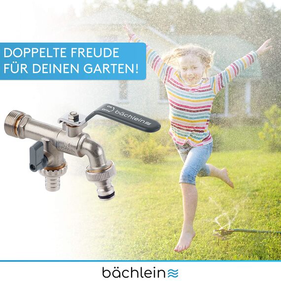 Bächlein Universal Doppel Auslaufhahn für den Garten [anthrazit] inkl. 2 Schlauchanschlüssen - edler Doppelwasserhahn mit 1/2 Zoll Anschluss und 3/4 Zoll Adapter, Doppel Kugel-Auslaufventil