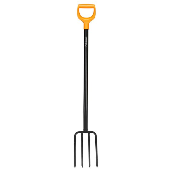 Fiskars Spatengabel für harte, steinige Böden, Mit 4 Zinken, Länge 120 cm, Hochwertige Stahl-Zinken/Kunststoff-Stiel, Schwarz/Orange, Solid, 1070673
