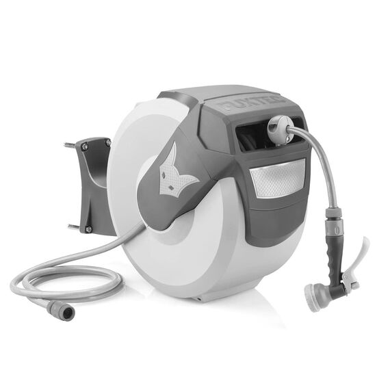 Fuxtec automatische Schlauchtrommel FX-WSA20G – 20 m Gartenschlauch ½ Zoll – Schlauchaufroller zur Wandmontage inkl. Handbrause und Anschlüssen – 180° schwenkbar (65x29x46 cm)