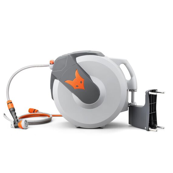 FUXTEC automatische Schlauchtrommel FX-WSA20 – 20 m Gartenschlauch ½ Zoll – Schlauchaufroller zur Wandmontage inkl. Handbrause und Anschlüssen – 180° schwenkbar (65x29x46 cm)