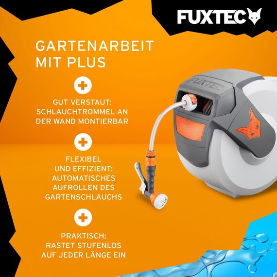 FUXTEC automatische Schlauchtrommel FX-WSA20 – 20 m Gartenschlauch ½ Zoll – Schlauchaufroller zur Wandmontage inkl. Handbrause und Anschlüssen – 180° schwenkbar (65x29x46 cm)