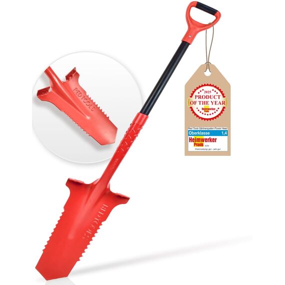 Red Tools Gärtnerspaten Power Head - Spaten mit Wurzelsäge - 115cm - hochwertiges Spatenblatt für steinige & Harte Böden - mit Trittkante und bequemem Soft-Touch-Griff (Rot)