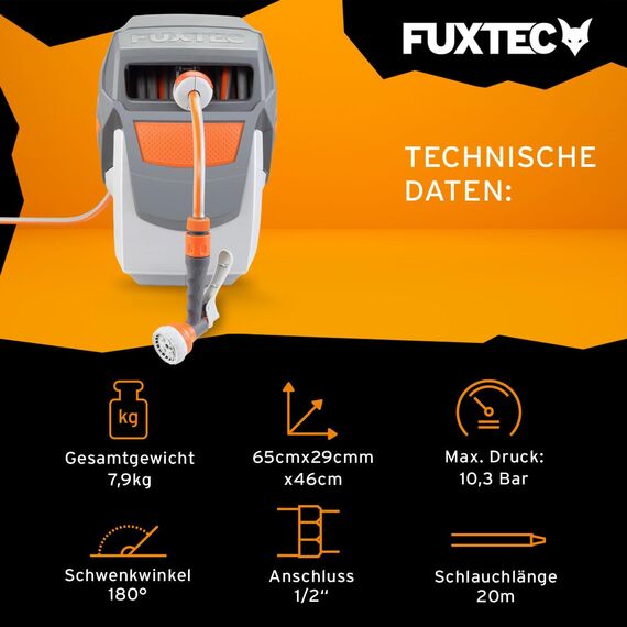 FUXTEC automatische Schlauchtrommel FX-WSA20 – 20 m Gartenschlauch ½ Zoll – Schlauchaufroller zur Wandmontage inkl. Handbrause und Anschlüssen – 180° schwenkbar (65x29x46 cm)