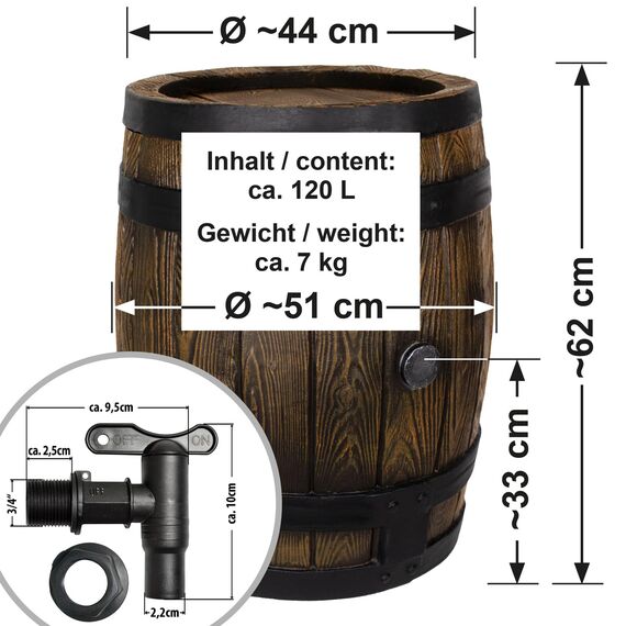 REGENTONNE REGENFASS WASSERFASS REGENWASSERBEHÄLTER REGENWASSERFASS GARTENFASS Eichenfass (120L) Braun
