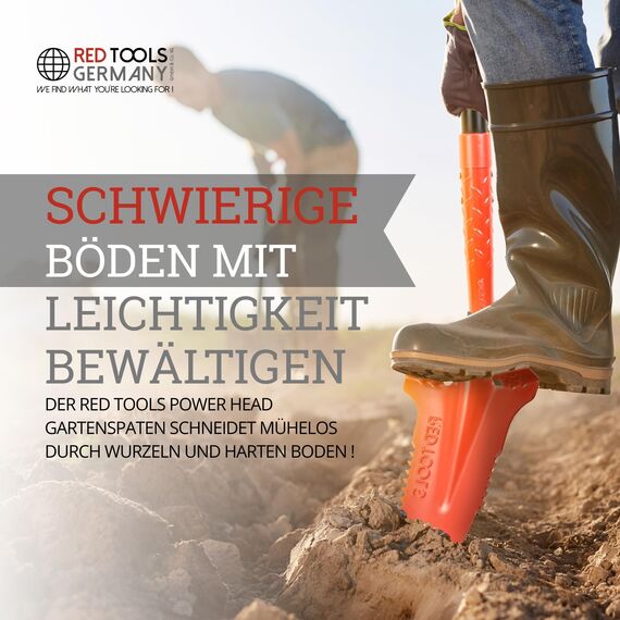 Red Tools Gärtnerspaten Power Head - Spaten mit Wurzelsäge - 115cm - hochwertiges Spatenblatt für steinige & Harte Böden - mit Trittkante und bequemem Soft-Touch-Griff (Rot)