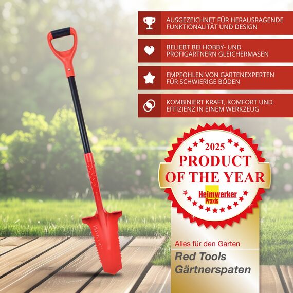 Red Tools Gärtnerspaten Power Head - Spaten mit Wurzelsäge - 115cm - hochwertiges Spatenblatt für steinige & Harte Böden - mit Trittkante und bequemem Soft-Touch-Griff (Rot)