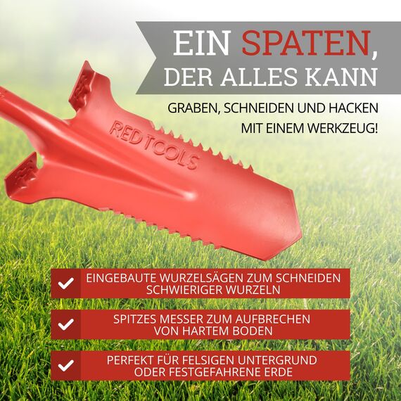 Red Tools Gärtnerspaten Power Head - Spaten mit Wurzelsäge - 115cm - hochwertiges Spatenblatt für steinige & Harte Böden - mit Trittkante und bequemem Soft-Touch-Griff (Rot)