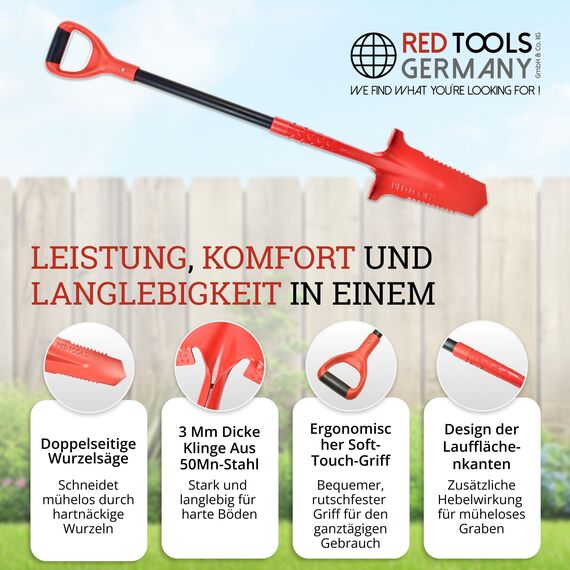 Red Tools Gärtnerspaten Power Head - Spaten mit Wurzelsäge - 115cm - hochwertiges Spatenblatt für steinige & Harte Böden - mit Trittkante und bequemem Soft-Touch-Griff (Rot)