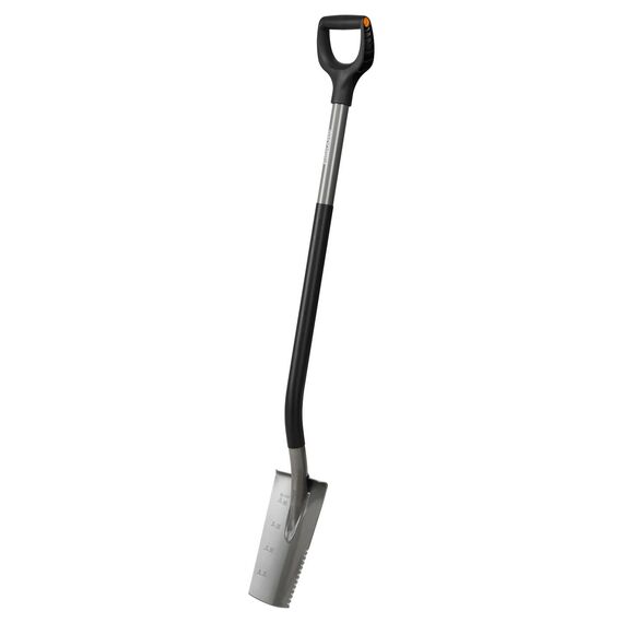 Fiskars Ergonomic Wurzelspaten, Spaten mit Sägezahnung zum Durchtrennen von Wurzeln, D-Griff, Borstahl/Kunststoff, 1066714