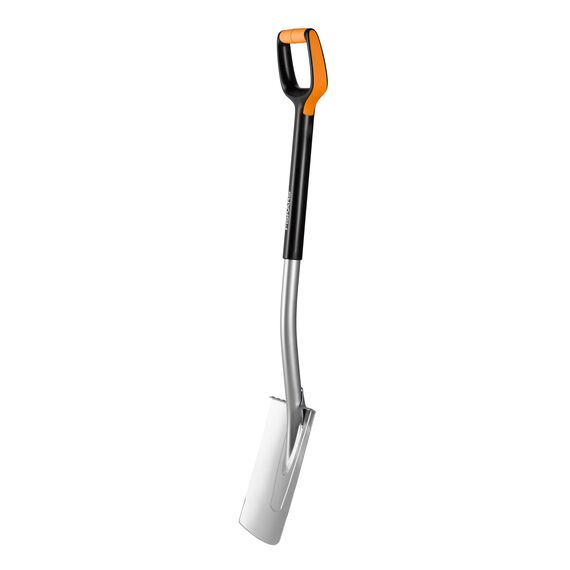 Fiskars Gärtnerspaten für weiche, steinarme Böden, Rund, Länge: 108 cm, Qualitätsstahl-Blatt/Glasfaserverstärkter Kunststoff-Stiel, Schwarz/Orange, Xact, M, 1003682