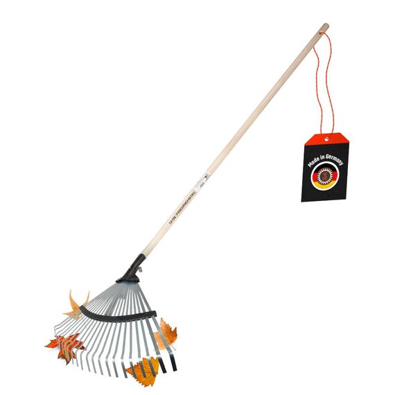 SHW-FIRE | Laubbesen verzinkt, 47 cm breit, 135 cm Eschenholzstiel - robuster Fächerbesen & Laubrechen für Laub, Grasschnitt & Gartenabfälle - Rechen mit Stiel verstellbare Breite | Made in Germany
