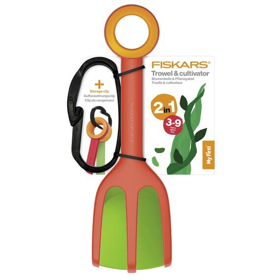 Fiskars Kinder-Blumenkelle und Kinder-Pflanzgabel, 2-in-1-Set, Länge: 24 cm, Glasfaserverstärkter Kunststoff, Grün/Orange und Rot/Orange, MyFirst Fiskars, 1062471