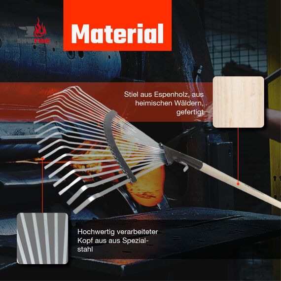 SHW-FIRE | Laubbesen verzinkt, 47 cm breit, 135 cm Eschenholzstiel - robuster Fächerbesen & Laubrechen für Laub, Grasschnitt & Gartenabfälle - Rechen mit Stiel verstellbare Breite | Made in Germany