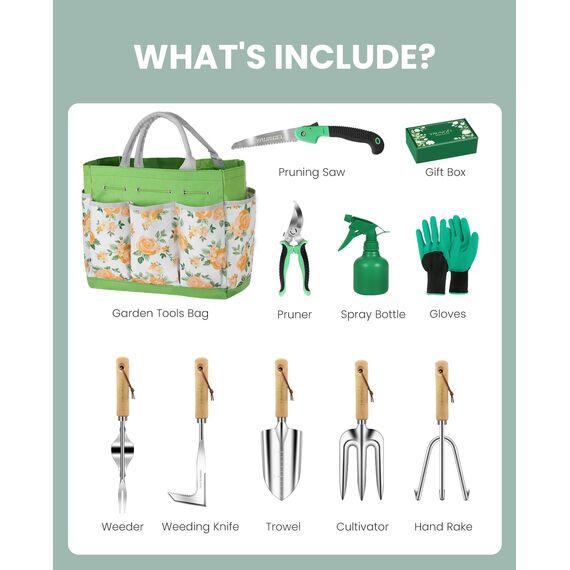 YAUNGEL Gartenwerkzeug Set, 10 Stück Schwerlast Edelstahl Gartenarbeit Kit, Gartengeräte Set mit Non-Slip Holzgriff- Garten Geschenke Verpackung für Frauen Männer